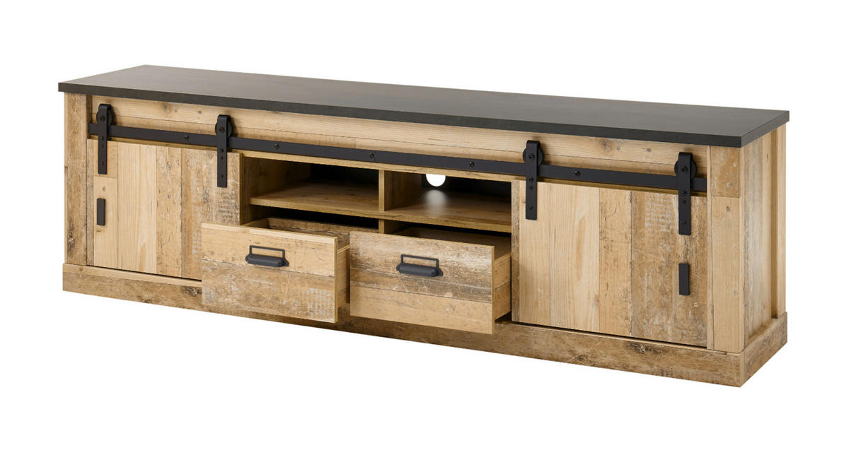 WOHNWAND Used Wood hell, anthrazit 3-teilig 314 cm, Schrankwand mit Soft-Close - Anthrazit/Schwarz, Holzwerkstoff/Metall (314/180/43cm) - Furn.Design