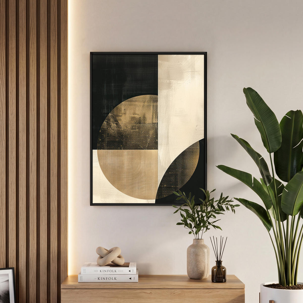 LEINWAND Bilder mit Rahmen - Abstrakt - Geometrische Formen - Schwarz - Gold - 50x70 - Ecru, Textil (50/70cm) - MuchoWow