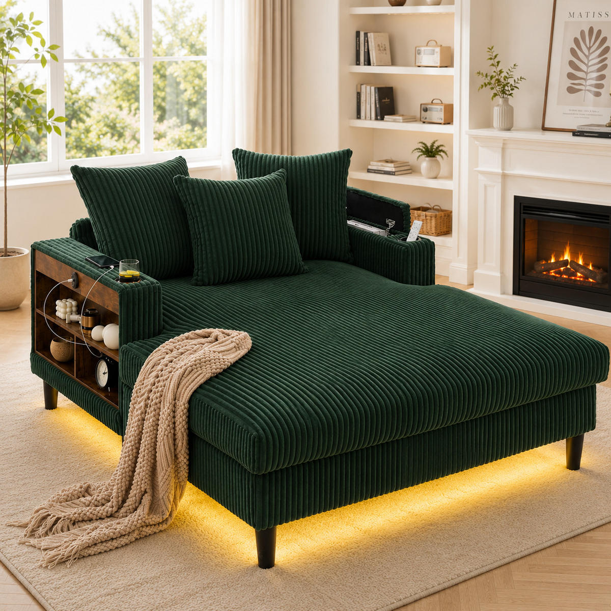 SCHLAFSOFA DE-33807 LED-Beleuchtung und USB Smaragdgrün - Grün, Metall (129/70/170cm) - ComfortXL