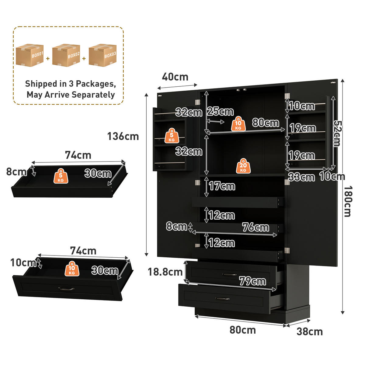 GESCHIRRSCHRANK 180 cm MDF Schwarz mit Ausziehböden und Türregalen - Schwarz, Holzwerkstoff (37.5/180/80cm) - Korfee