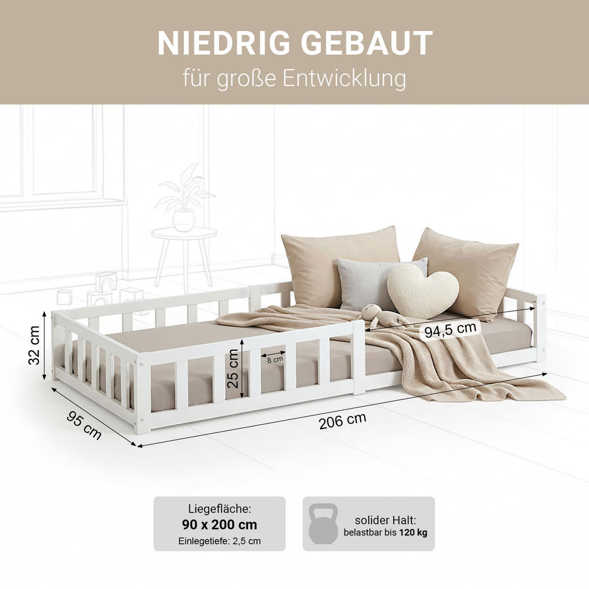 BODENBETT weiß 90/200 cm - Weiß, Holz (90/200cm) - Homestyle4u