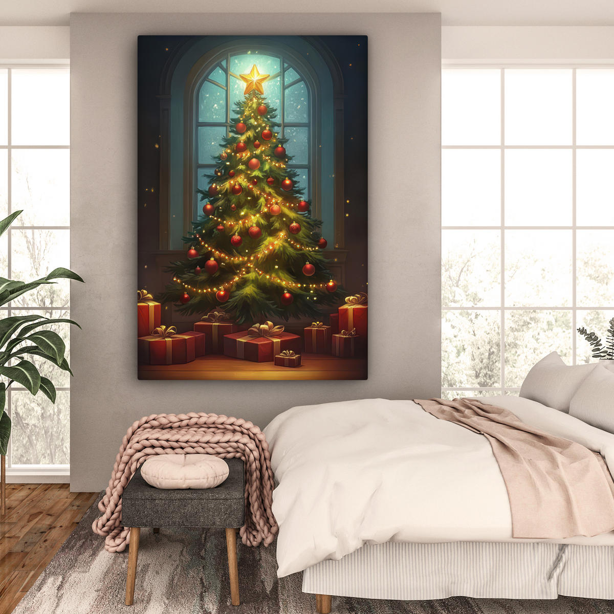 OBRAZ NA PLÁTNĚ Vánoční stromek - Dárek - Zima 90x140 cm - zelená barva, textil (90/140cm) - MuchoWow