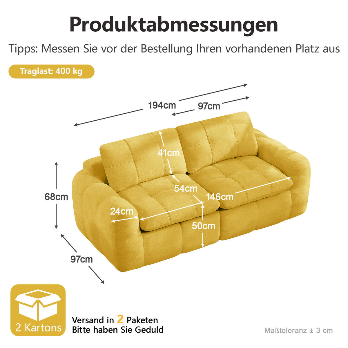 2-SITZER-SOFA DE-34464 quadratische Tuftung und 32D-Schaum Gelb - Gelb, Textil (97/68/194cm) - ComfortXL