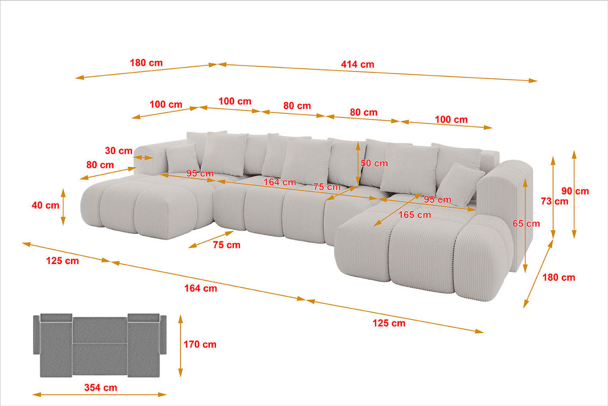 WOHNLANDSCHAFT Ottomane Links CLOUD-U-v1 414x180x40 Hellgrau Cord - Hellgrau, Holzwerkstoff/Kunststoff (414/90/180cm) - ALTDECOR