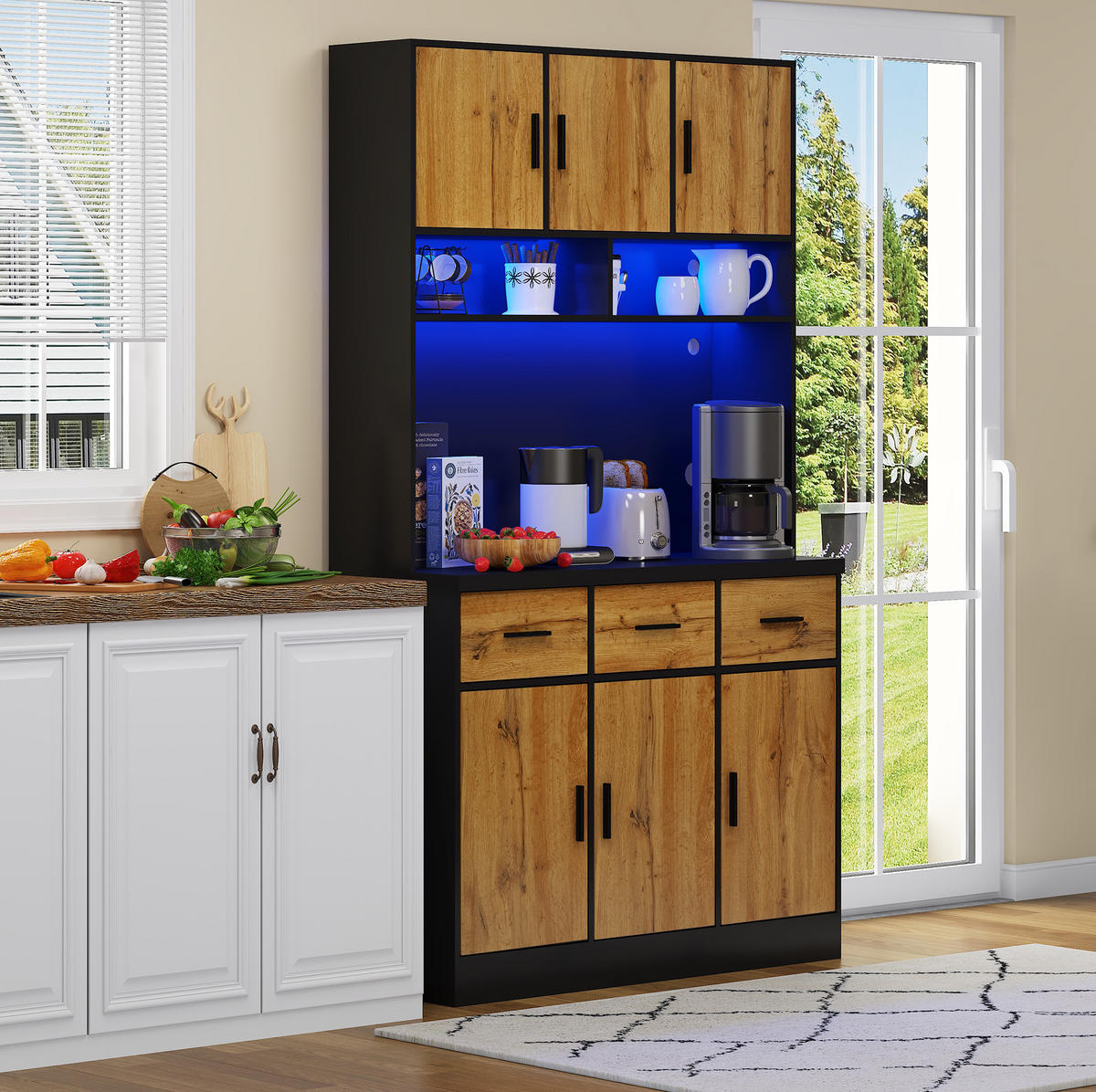 KÜCHENSCHRANK aus MDF und PB 100x40x180 cm Schwarz/Natur mit LED, Steckdosen und USB - Schwarz, Holzwerkstoff (100/180/40cm) - IVMEU