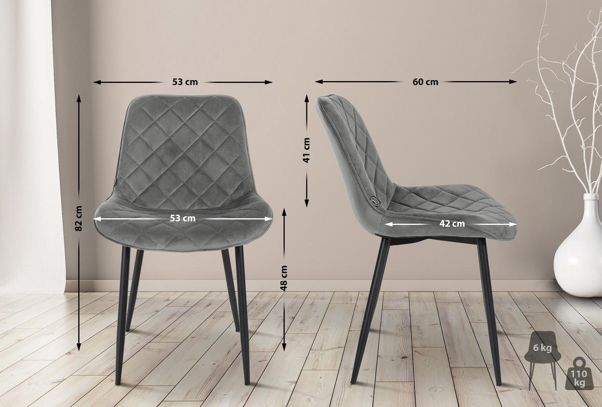STUHL 4er Set Samt grau - Schwarz/Grau, Textil/Metall (53/82/60cm) - CLP