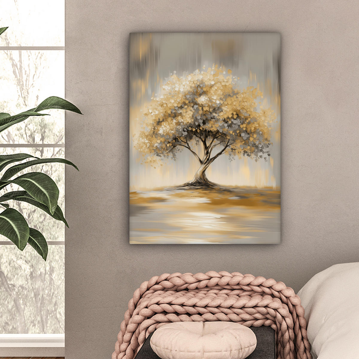 LEINWANDBILD Gemälde - Baum - Abstrakt - Blätter Wandbild Wohnzimmer 60x80 cm - Beige, Textil (60/80cm) - MuchoWow