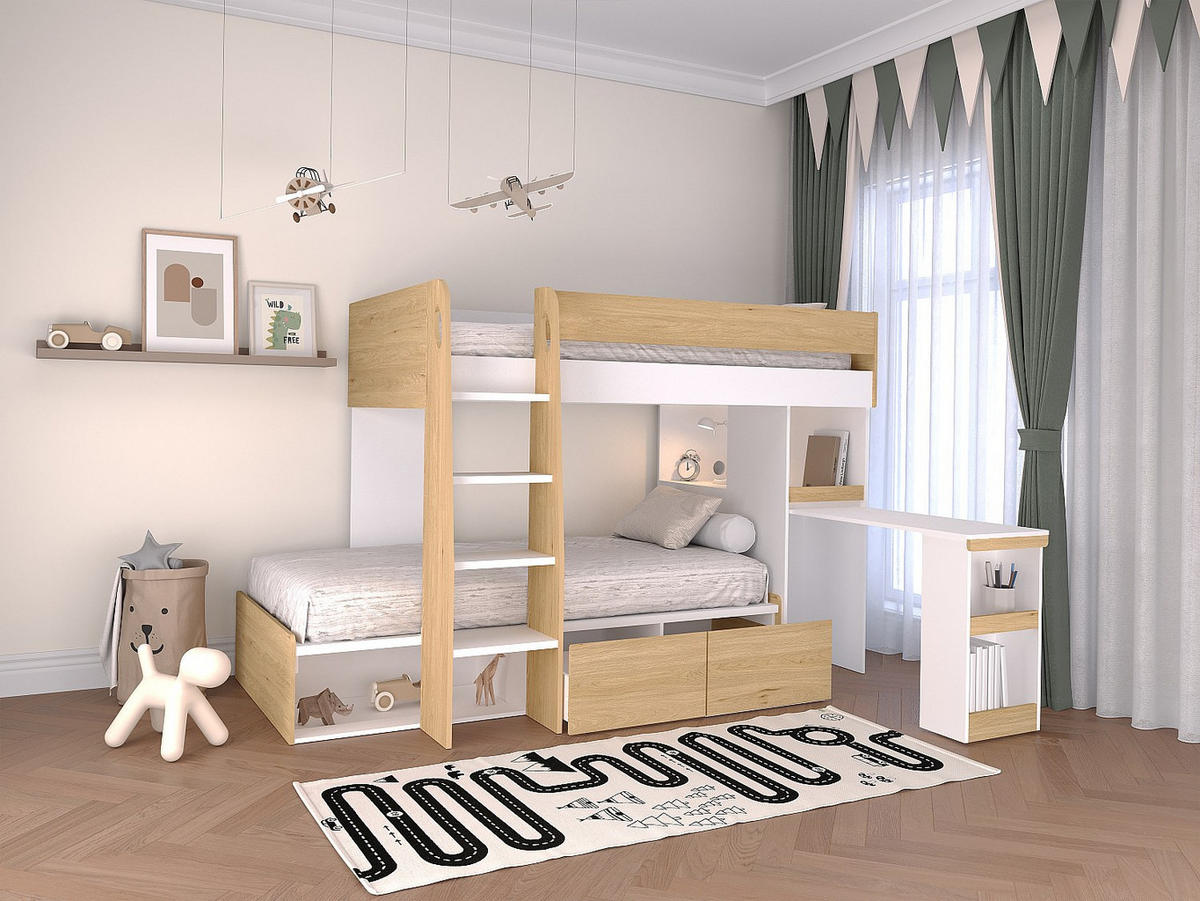 ETAGENBETT - 2 Personen - Holz, Platte - Naturfarben Hell, Weiß - - Naturfarben/Weiß, Holz (90/190cm) - Vente-Unique