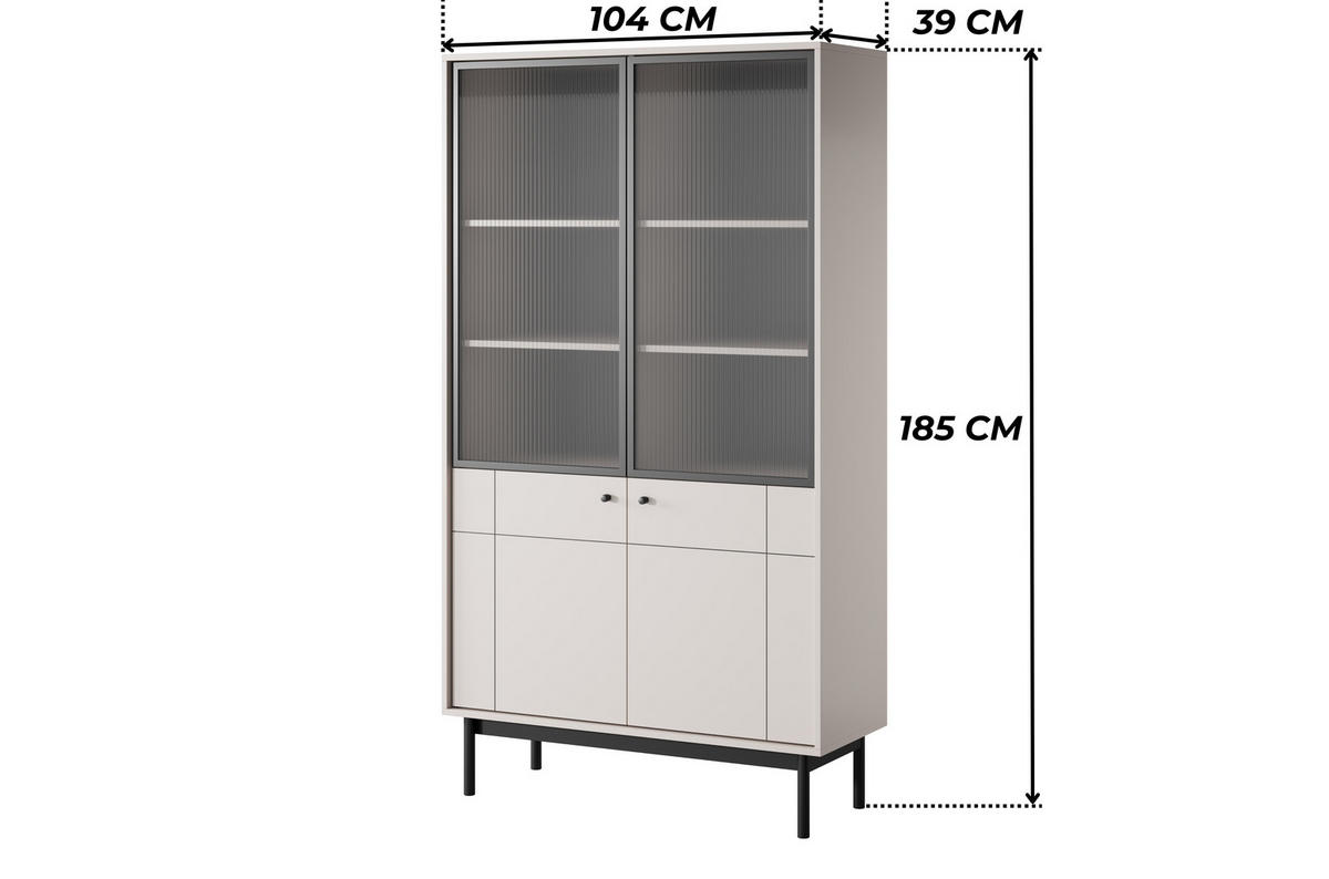 VITRINE SORA W4D (Cashmere, Gefräste Front, Riffelglas, Haefele Soft-Close, Holzfüße) - Kaschmir/Schwarz, Glas/Holz (104/185/39cm) - Ravio