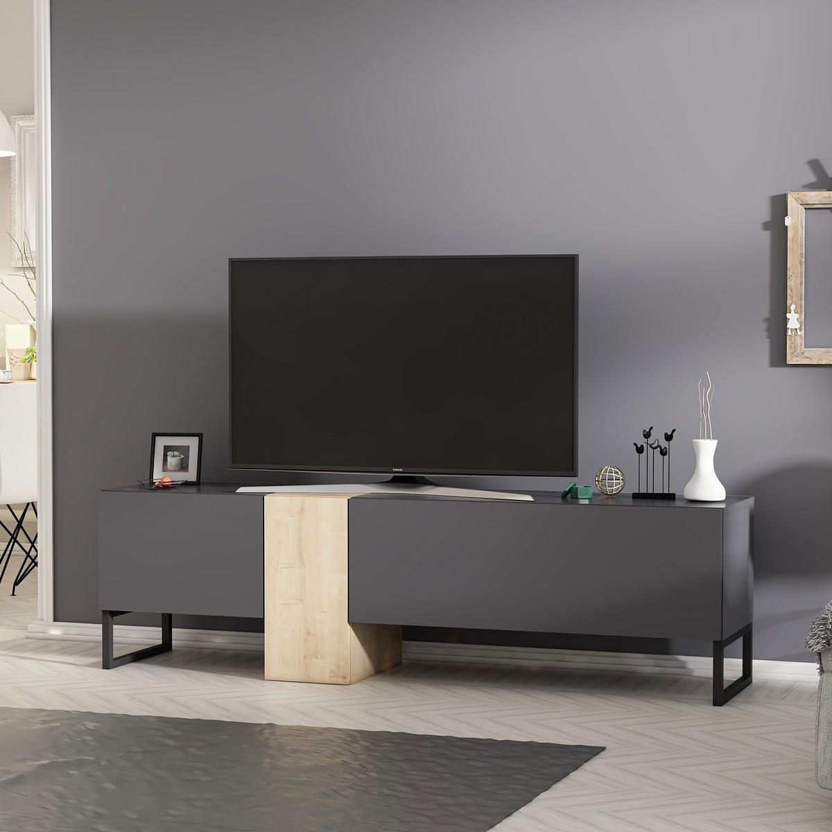 TV-LOWBOARD Anthrazit Saphir mit Metall Füße 9161 - Anthrazit/Beige, Holzwerkstoff/Metall (157/45/37cm) - moebel17
