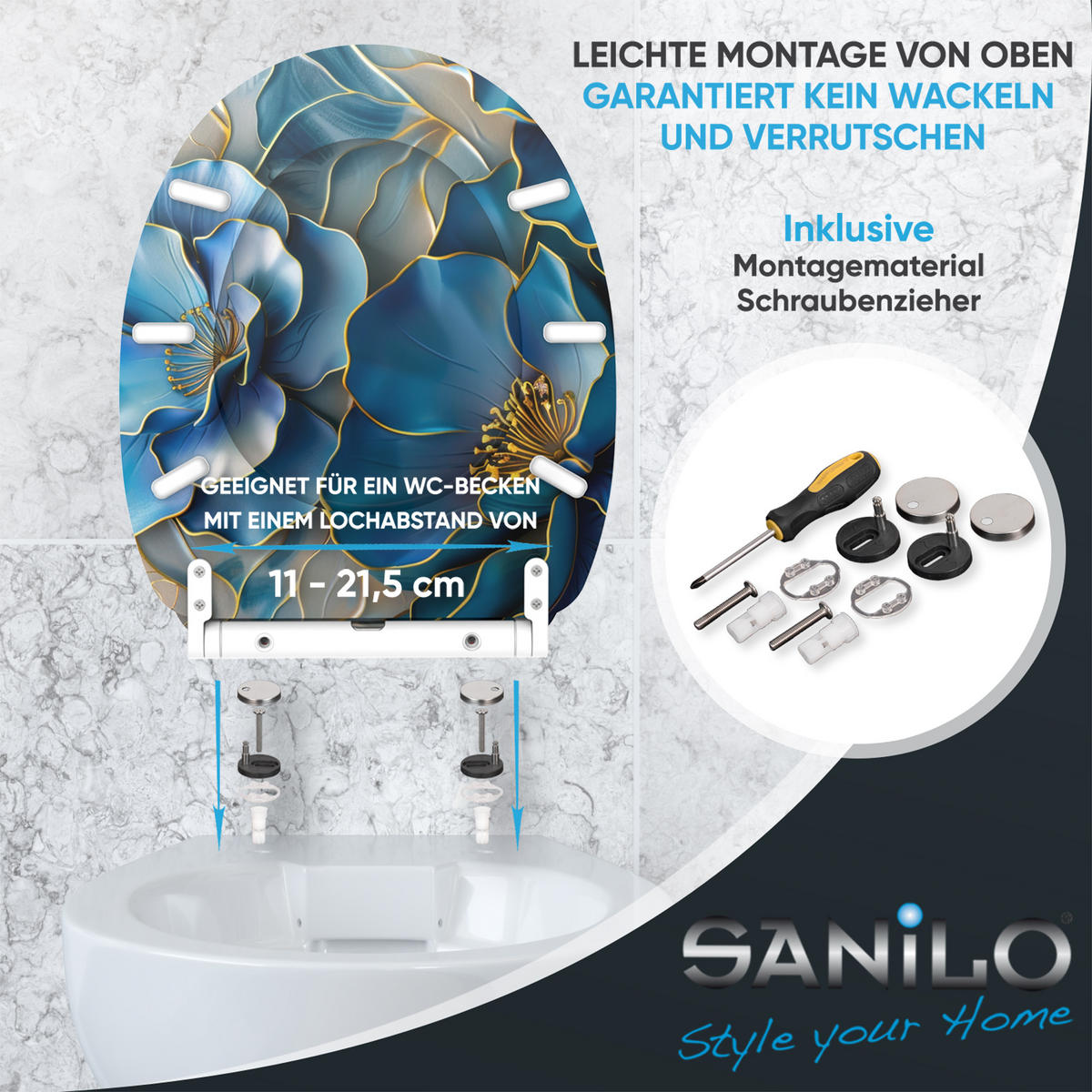 WC-SITZ mit Absenkautomatik & Top Fix Bluemara - Blau, Holzwerkstoff (37.7/5.5/48cm) - Sanilo