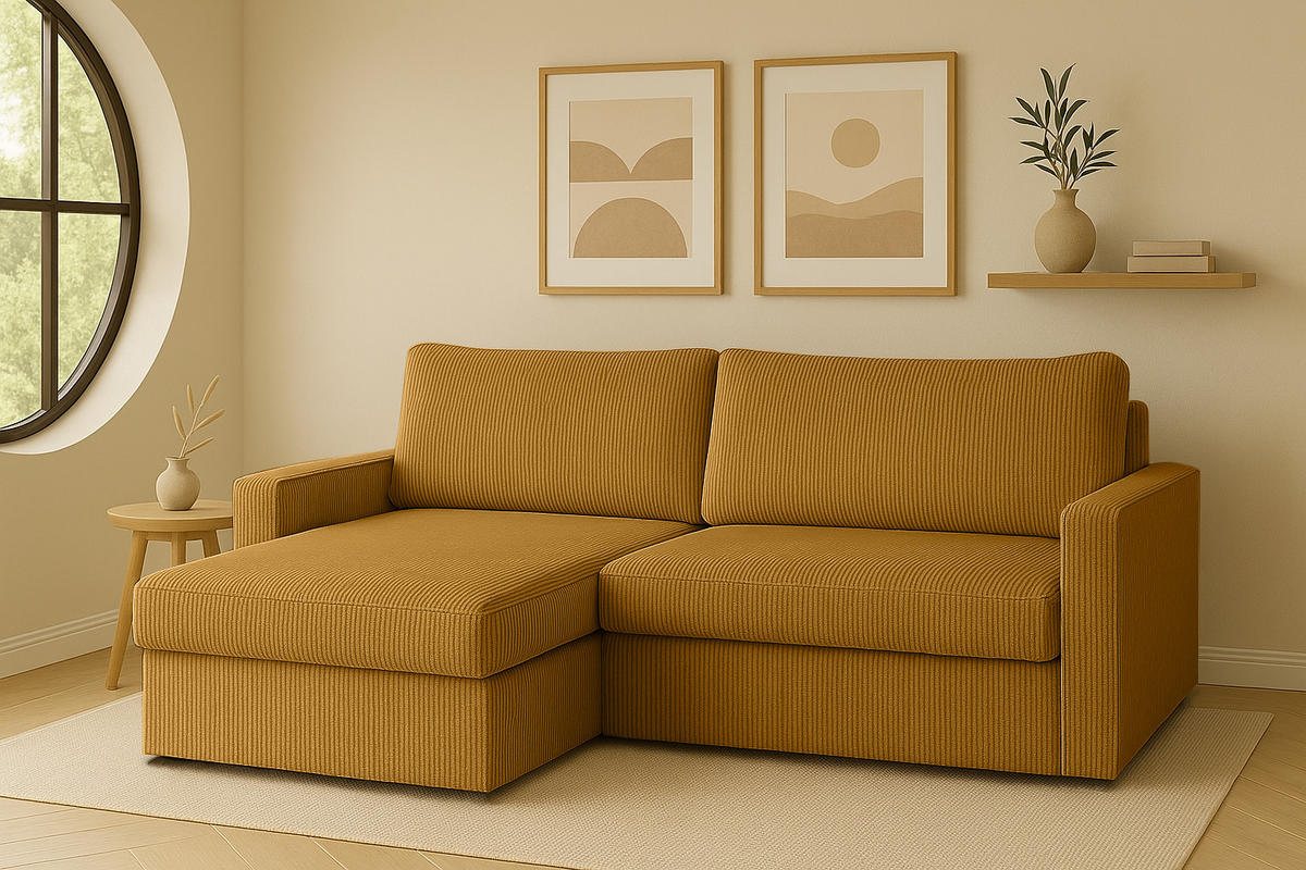 ECKSOFA Mit Schlaffunktion Und Bettzeugablage LUBEKA Stoff Poso Senffarbe Rechts - Gelb, Holz/Textil (224/147cm) - Kaiser Möbel