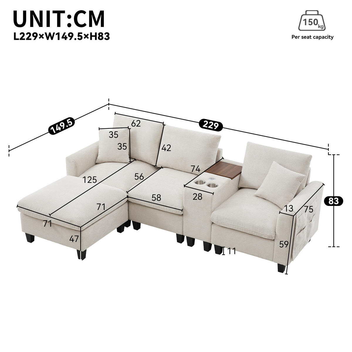 SOFA L-Form 4-Sitzer mit Konsole und 2 USB-Anschlüssen Cord Beige 229/149,5/83 cm - Beige, Textil (229/149.5cm) - OKWISH