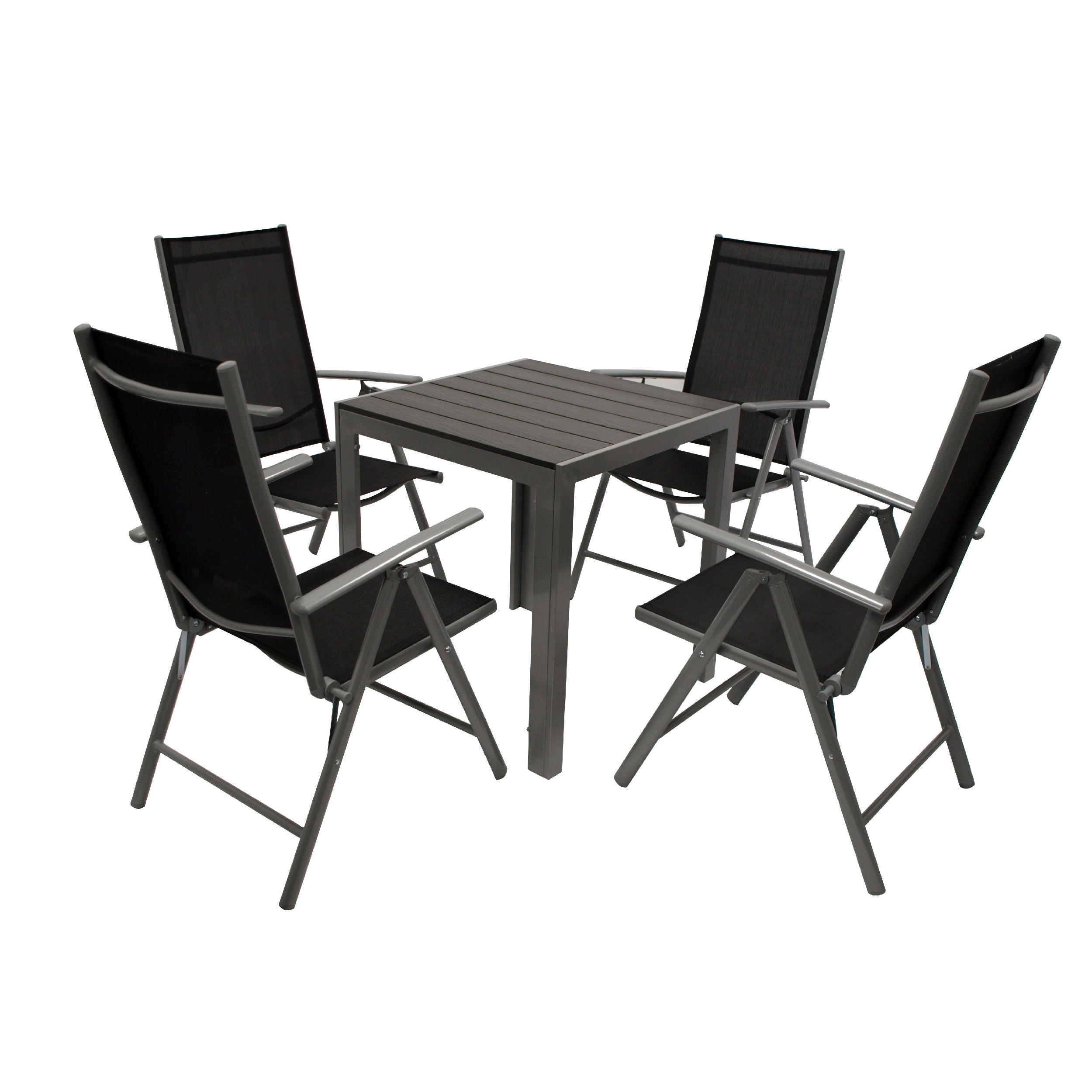 GARTEN-GARNITUR Ashford - 5-teilige Garten-Essgruppe (4x Klappsessel mit Armlehnen, 1x Tisch 70x70cm), Gestelle aus Aluminium grau - Schwarz, Metall - TPFGarden