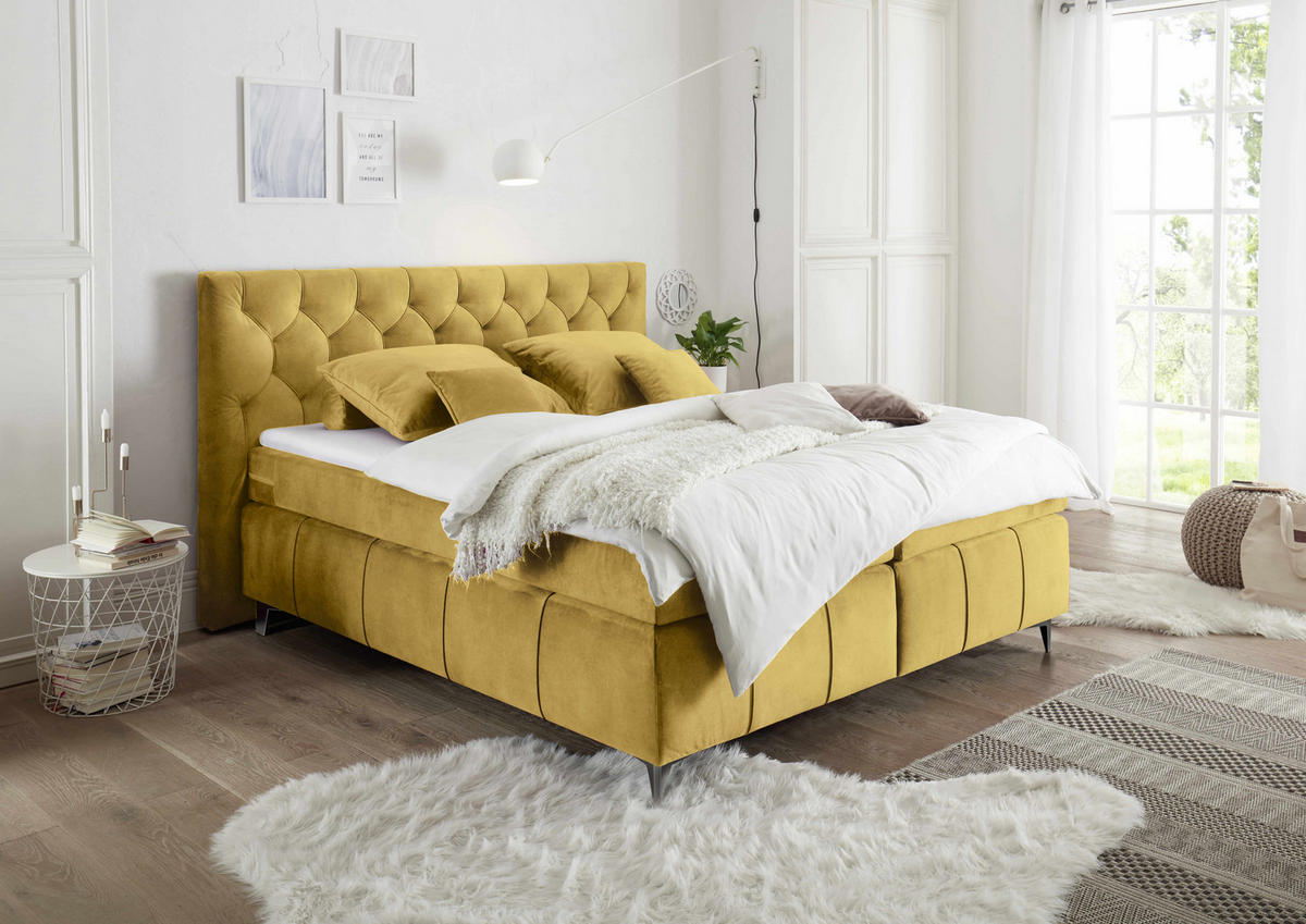 BOXSPRINGBETT 180 x 200 cm – 7‑Zonen-Tonnentaschen-Federkernmatratze, HR‑30 Topper, Samtoptik - Blau/Anthrazit, Kunststoff/Textil (180/200cm) - ed exciting design