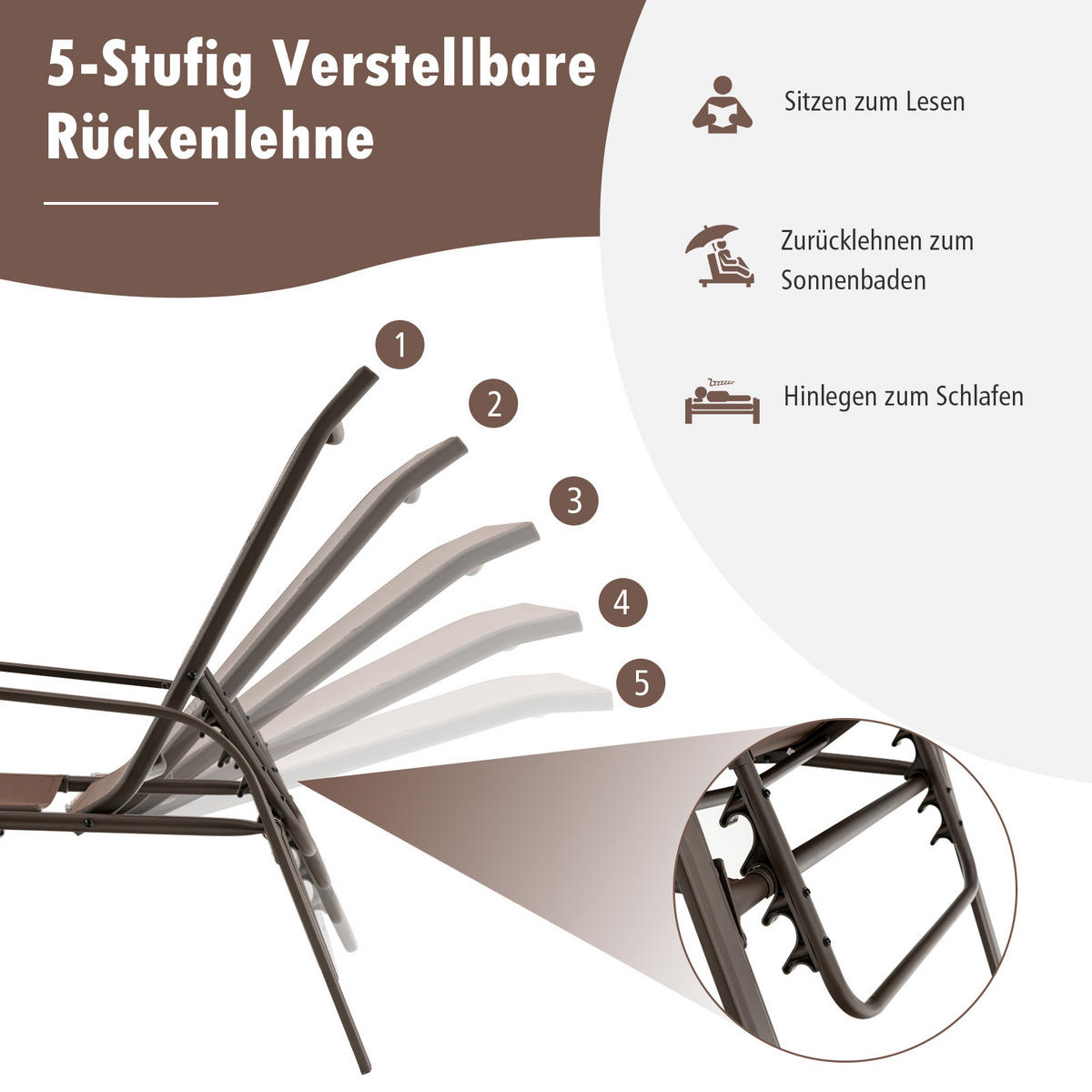 SONNENLIEGE Klappbare Braun(2er-Set) - Braun, Metall (71/94/192cm) - COSTWAY