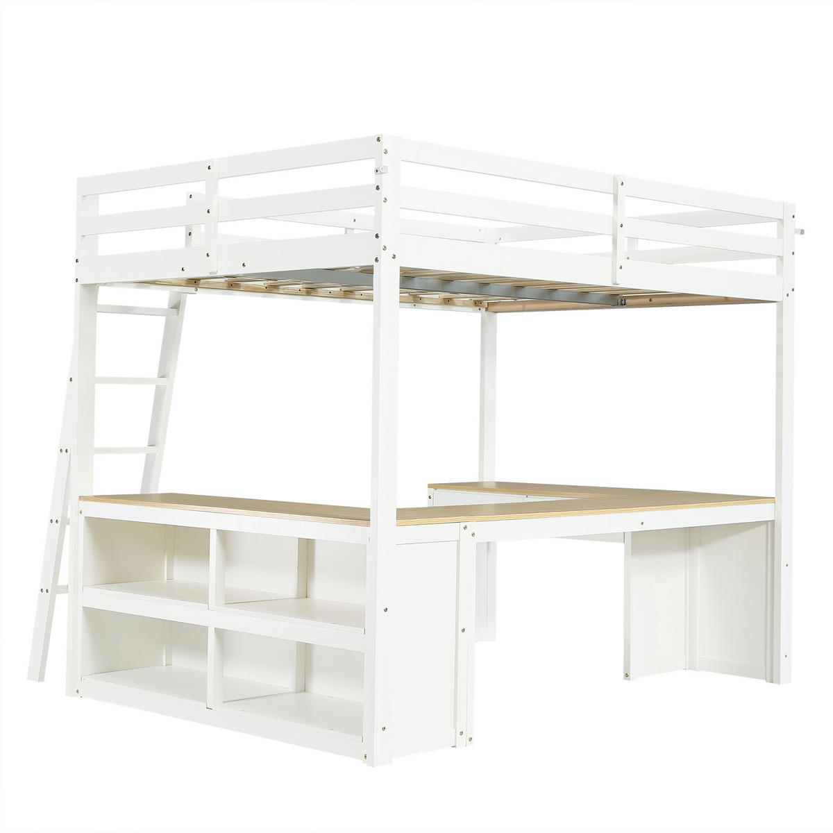 HOCHBETT 140/200 cm in Weiß & Natur mit Tisch, 2 Schubladen und Regal - Weiß/Naturfarben, Holz/Holzwerkstoff (140/200cm) - CHICFURN