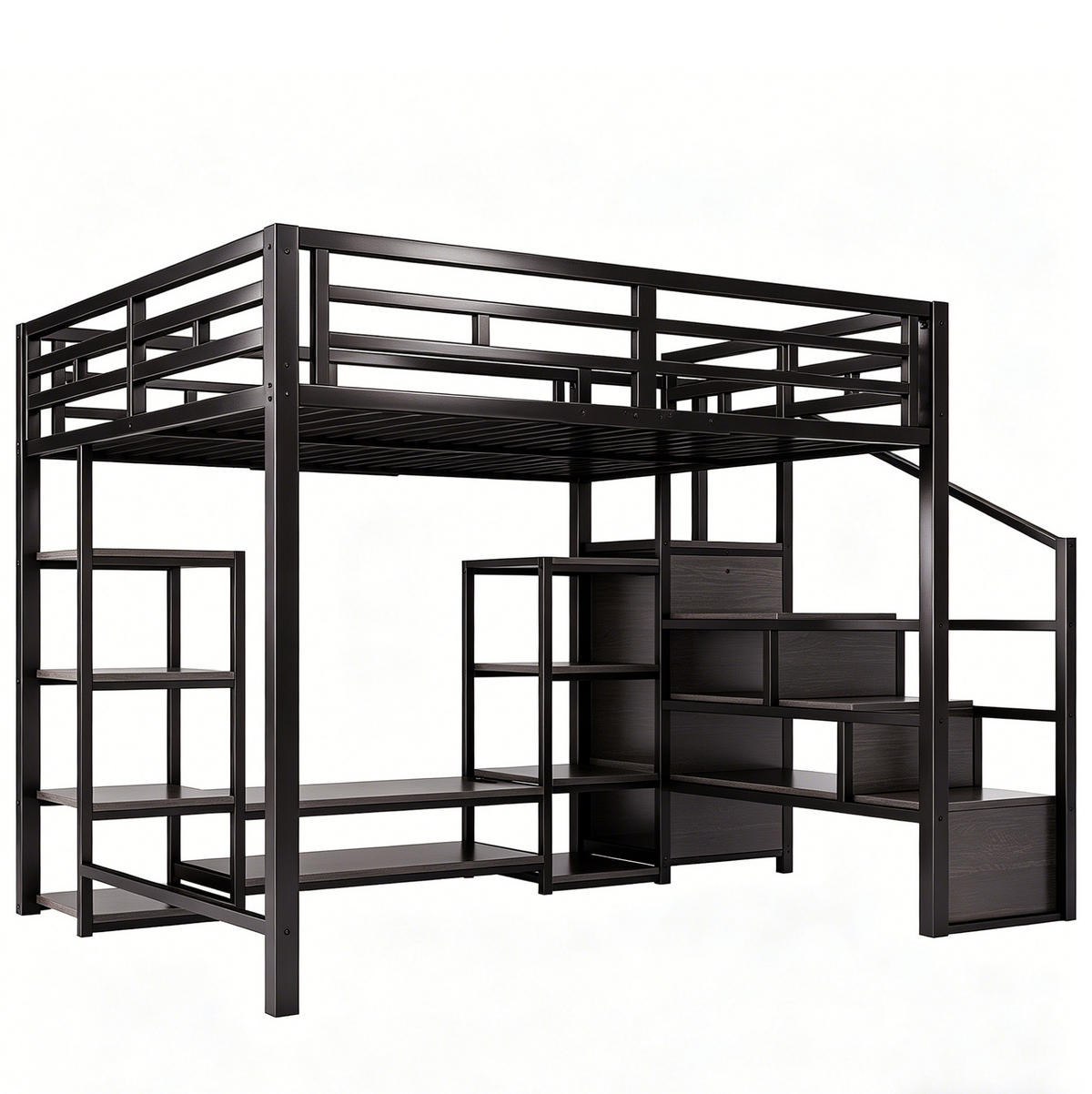 HOCHBETT 140/200 cm mit TV-Ständer, Steckdose und Aufbewahrungsleiter in Metall- -Kombination, Schwarz - Schwarz, Holzwerkstoff (140/200cm) - Redom