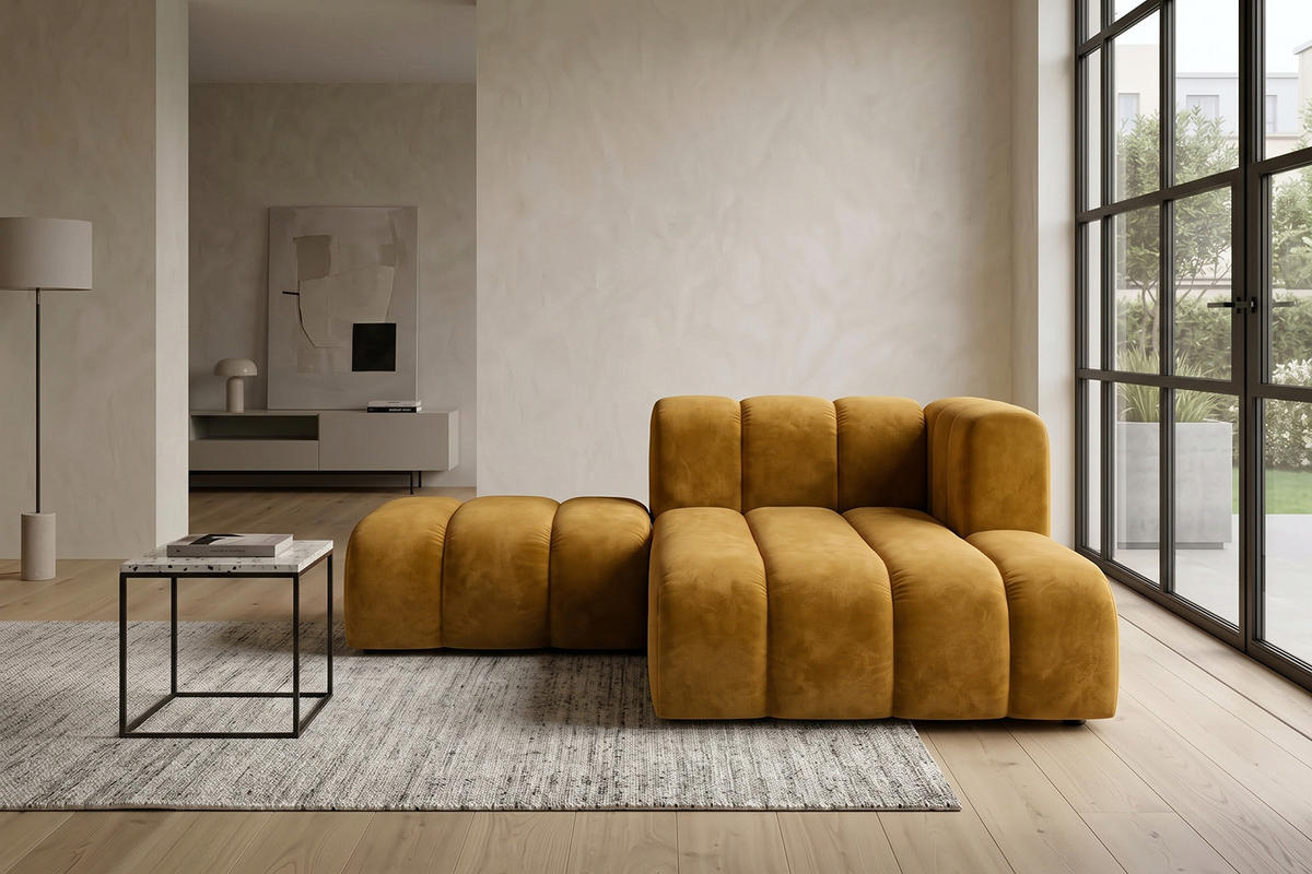 CHAISELONGUE Modulare Mit Hocker, Velvet-Stoff Riviera, Senffarbe, Rechts, GRAND - Gelb, Holz (204/179cm) - Kaiser Möbel