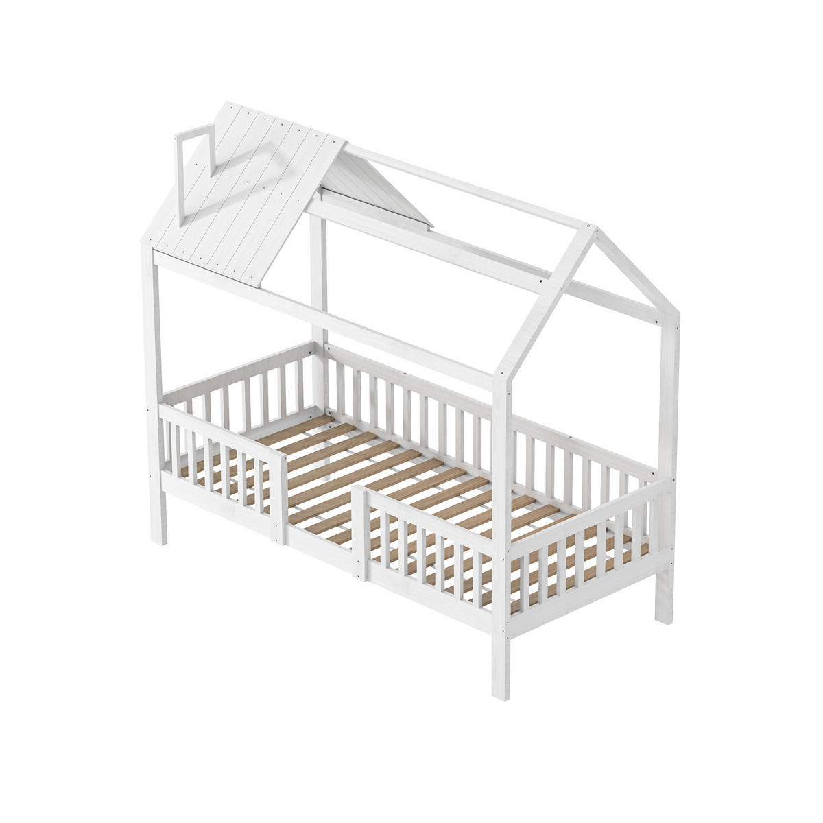 HAUSBETT 90x200cm mit Rausfallschutz und Schornstein, Weiß - Weiß, Holz (90/200cm)