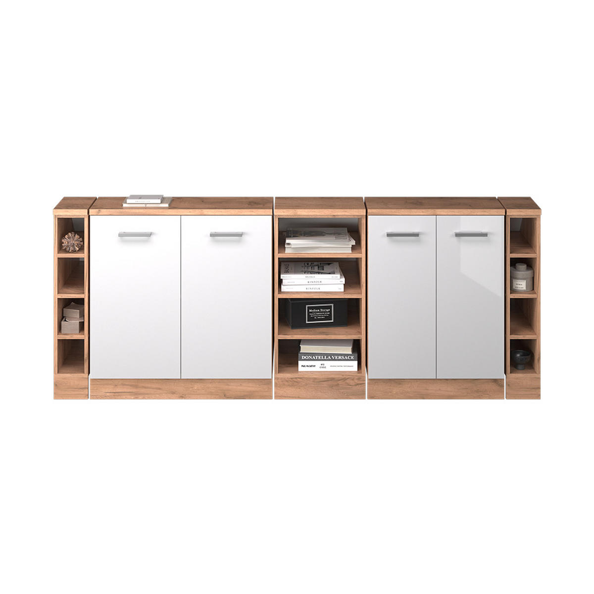 KUHINJSKI ORMAR ZA KOSINE KROVA R-Line Sjajna Bijela 210 cm Set od 5 ormarićnih korpusa, dubina 60 cm - hrast medunac/bijela visoki sjaj, drvni materijal (210/83.8/60cm) - Vicco