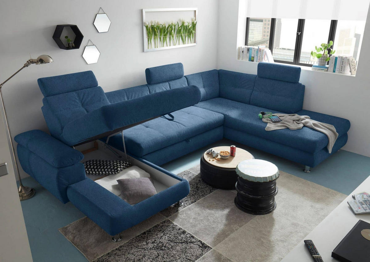 WOHNLANDSCHAFT mit Schlaffunktion, Bettkasten und verstellbaren Arm- und Kopflehnen - Chromfarben/Blau, Textil/Metall (233/88/349cm) - ed exciting design