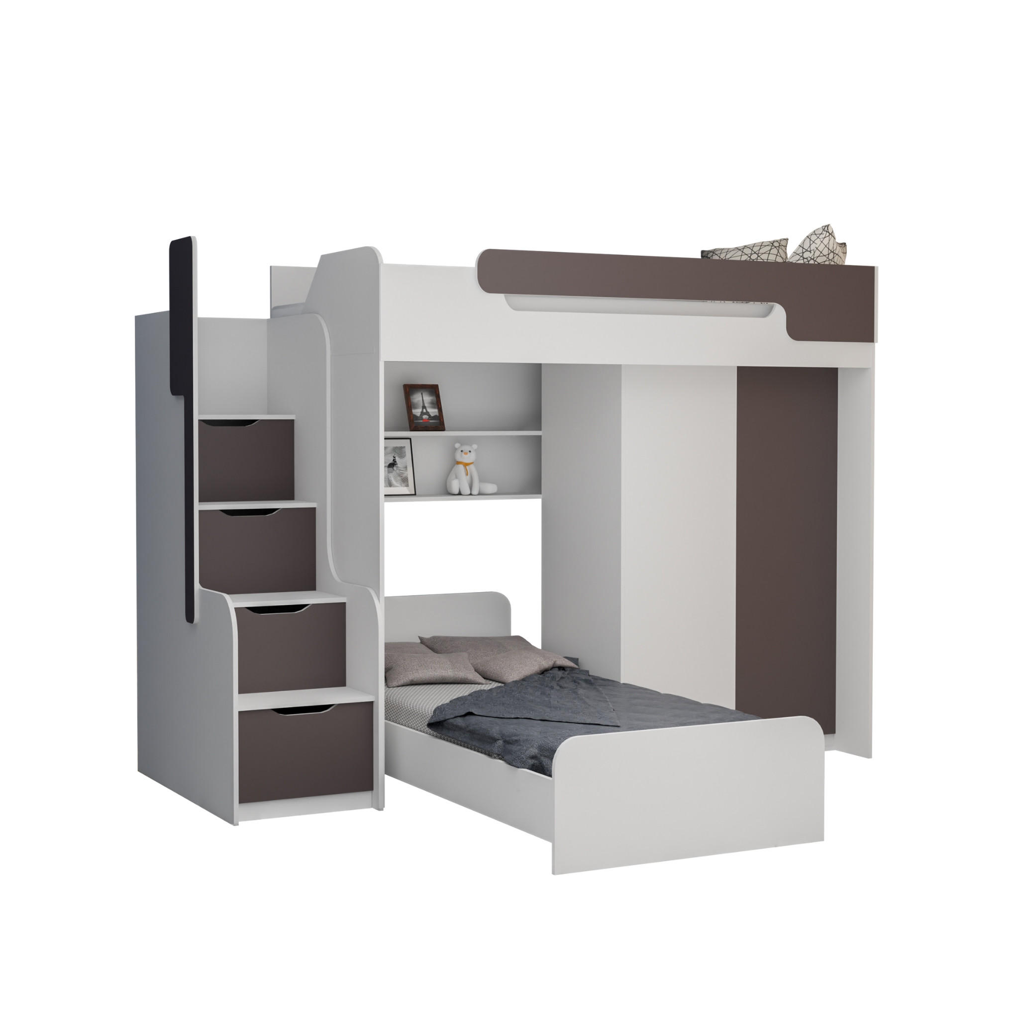 ETAGENBETT ARTHUR 90/200 in Weiß/Grau mit zusätzliches Bett und Kleiderschrank - Weiß/Grau, Holzwerkstoff (90/200cm) - Deine Möbel 24