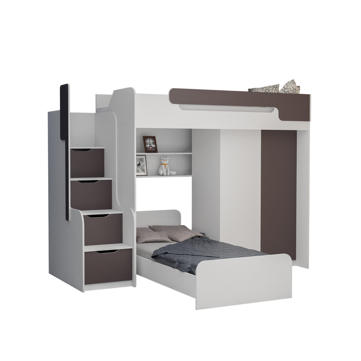 ETAGENBETT ARTHUR 90/200 in Weiß/Grau mit zusätzliches Bett und Kleiderschrank - Weiß/Grau, Holzwerkstoff (90/200cm) - Deine Möbel 24
