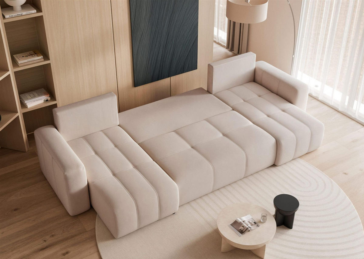 WOHNLANDSCHAFT Leros Schlaffunktion - Beige, Holzwerkstoff/Textil (318/79/145cm) - Fun Möbel