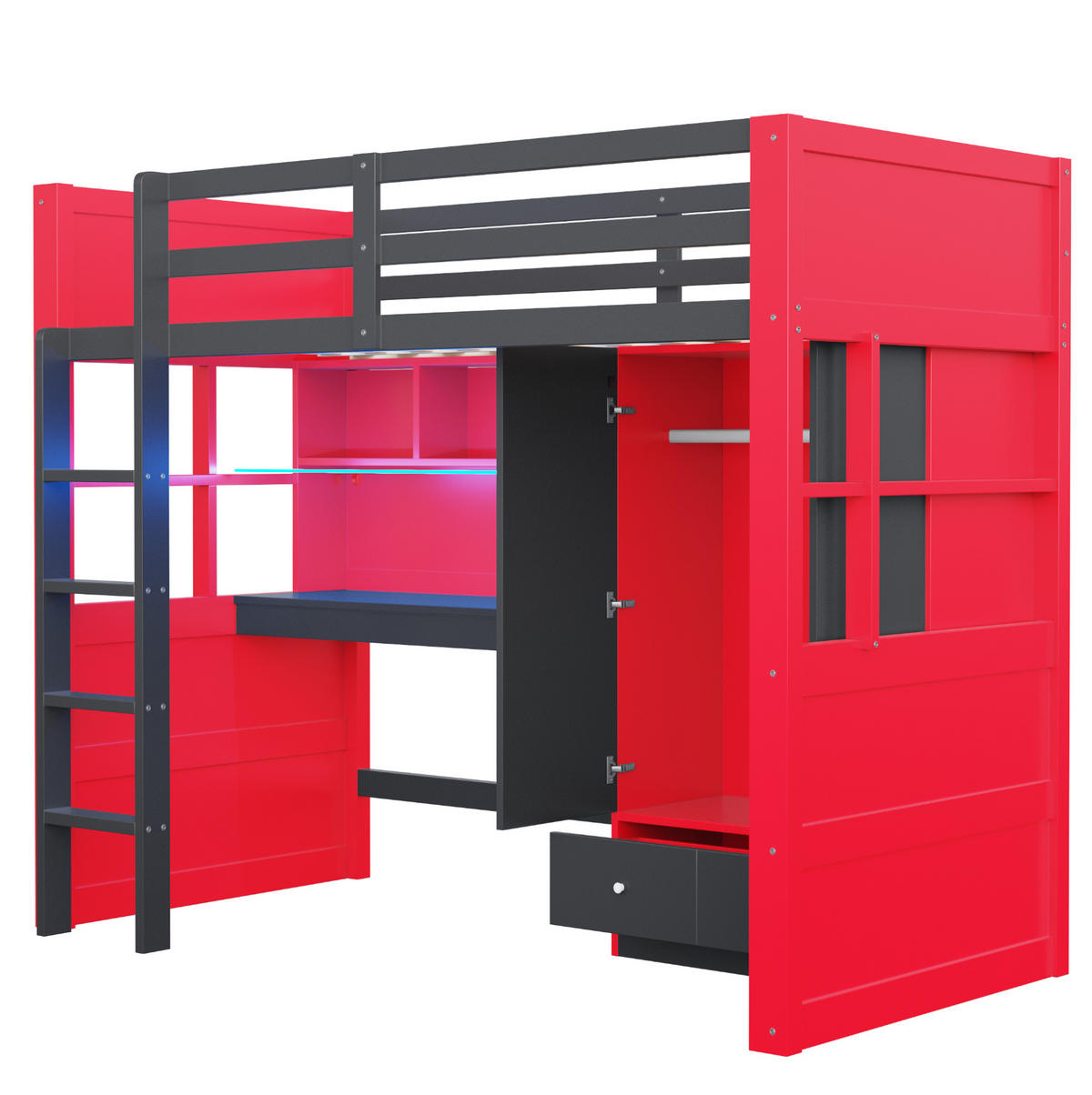 HOCHBETT 90/200 cm Schwarz/Rot mit LED und Lattenrost - Schwarz, Holz (90/200cm) - MIVRAY