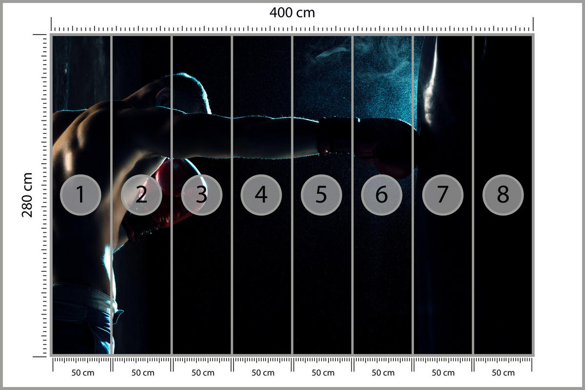 FOTOTAPETE für Jugendzimmer Muskelboxer Training Handschuhe Action 400x280 - Schwarz/Grau, Papier (400/280cm) - Muralo