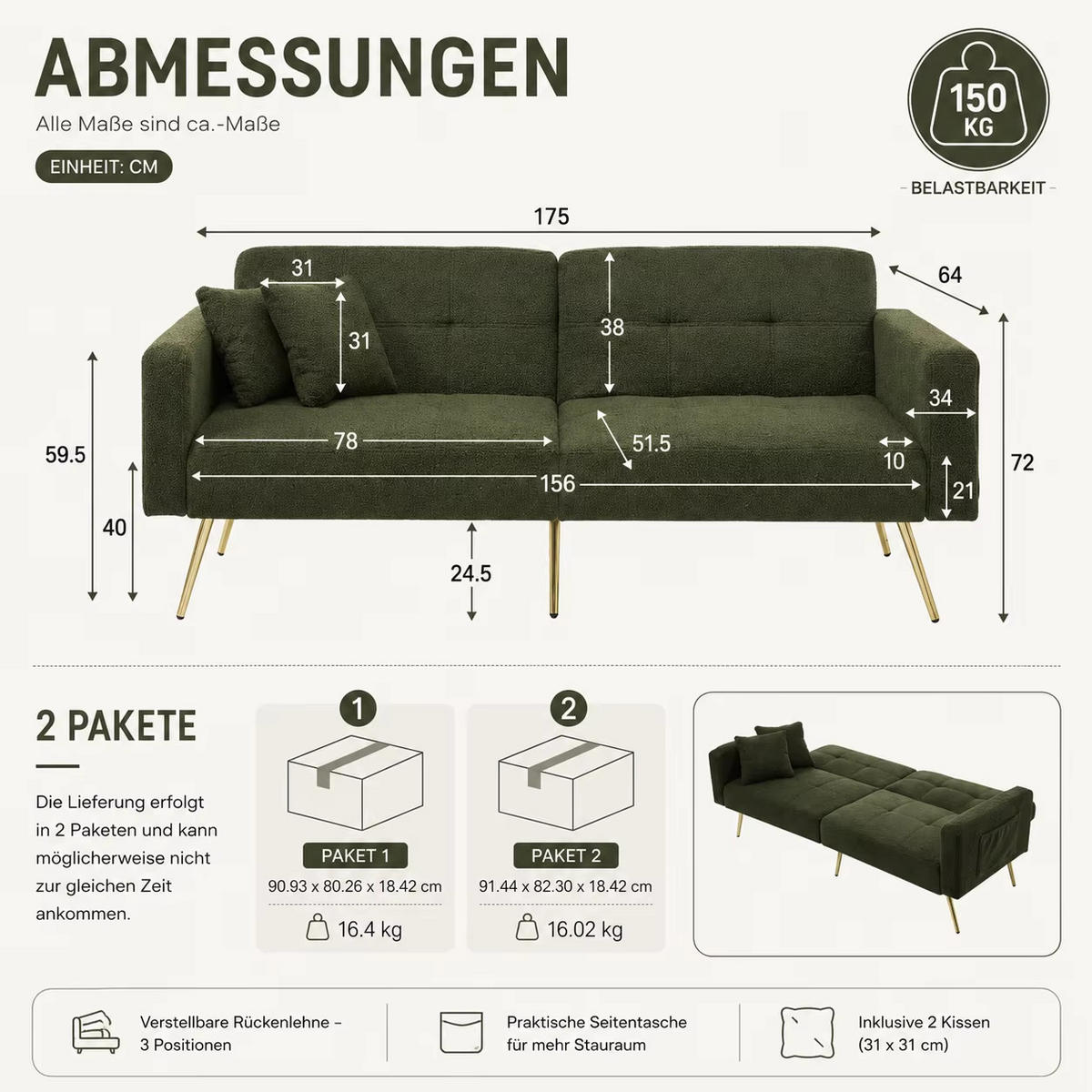 SCHLAFSOFA 2-Sitzer Sherpa, Verstellbare Rückenlehne mit Bettfunktion, Antikgrün - Dunkelgrün, Textil (175/72/64cm) - Kaket