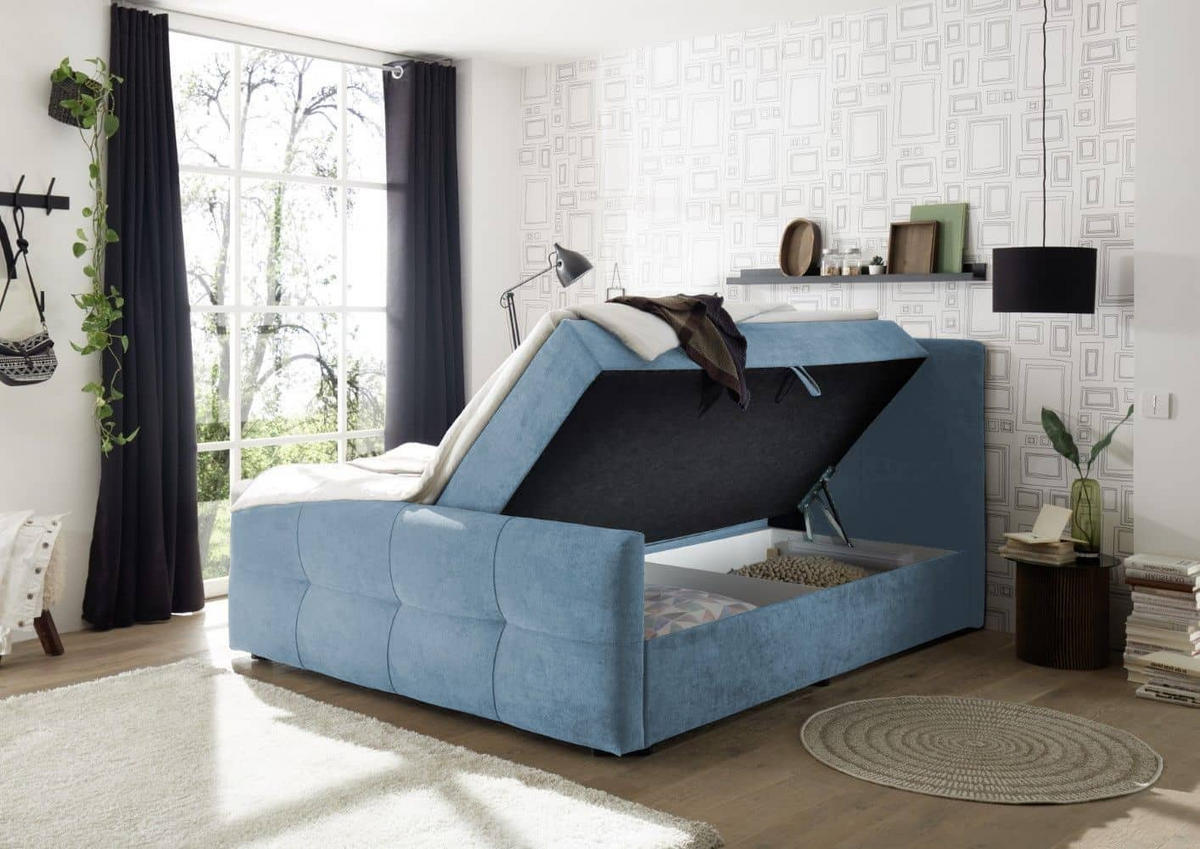 BOXBETT mit 9‑Zonen-Tonnentaschenfederkern-Matratze, HR-30-Topper, Bettkasten - Blau/Schwarz, Holz/Kunststoff (180/200cm) - ed exciting design