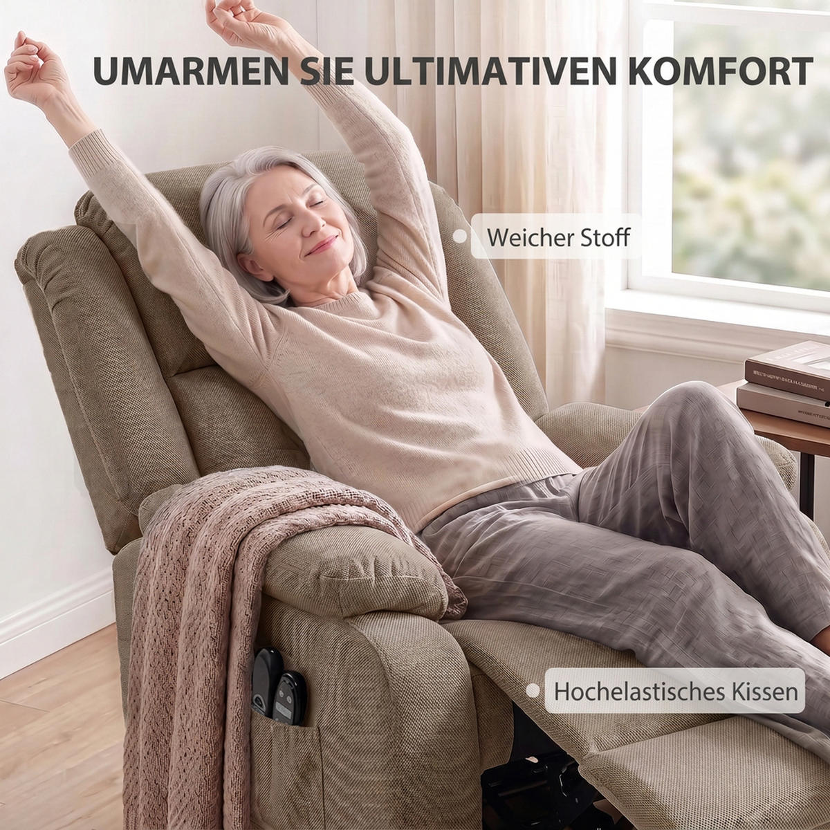 FERNSEHSESSEL-MIT-AUFSTEHHILFE Samt Braun - Hellbraun/Schwarz, Holz/Textil (104/100/93cm) - HOMCOM