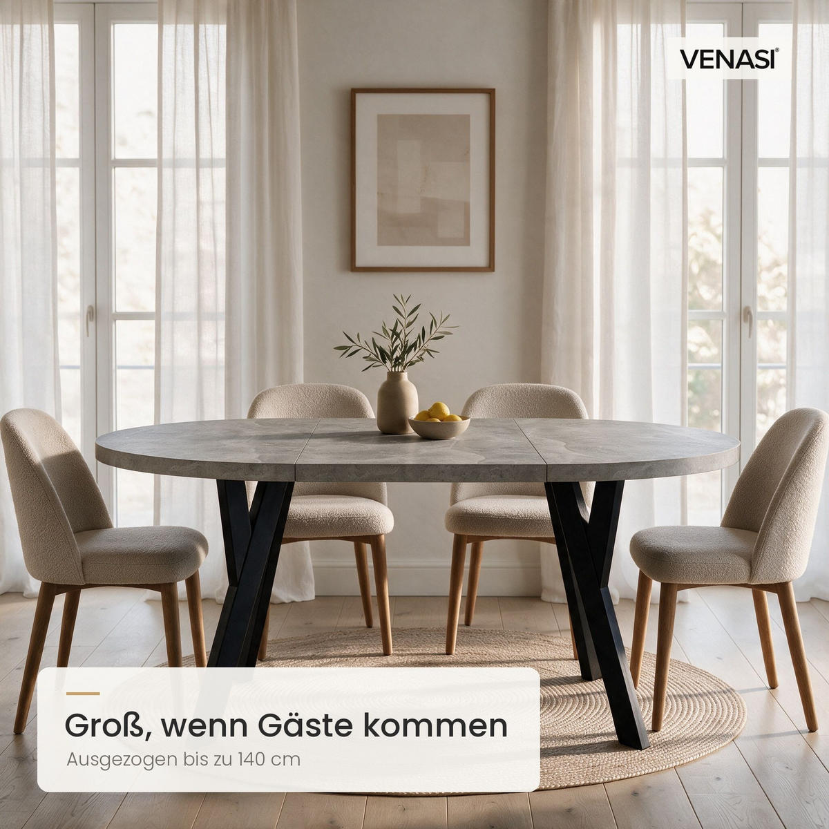 ESSTISCH ausziehbar rund 100-140 cm ATO Beton, Auszugstisch mit Einlegeplatte - Schwarz/Grau, Holzwerkstoff (100/100/77cm) - VENASI MÖBEL