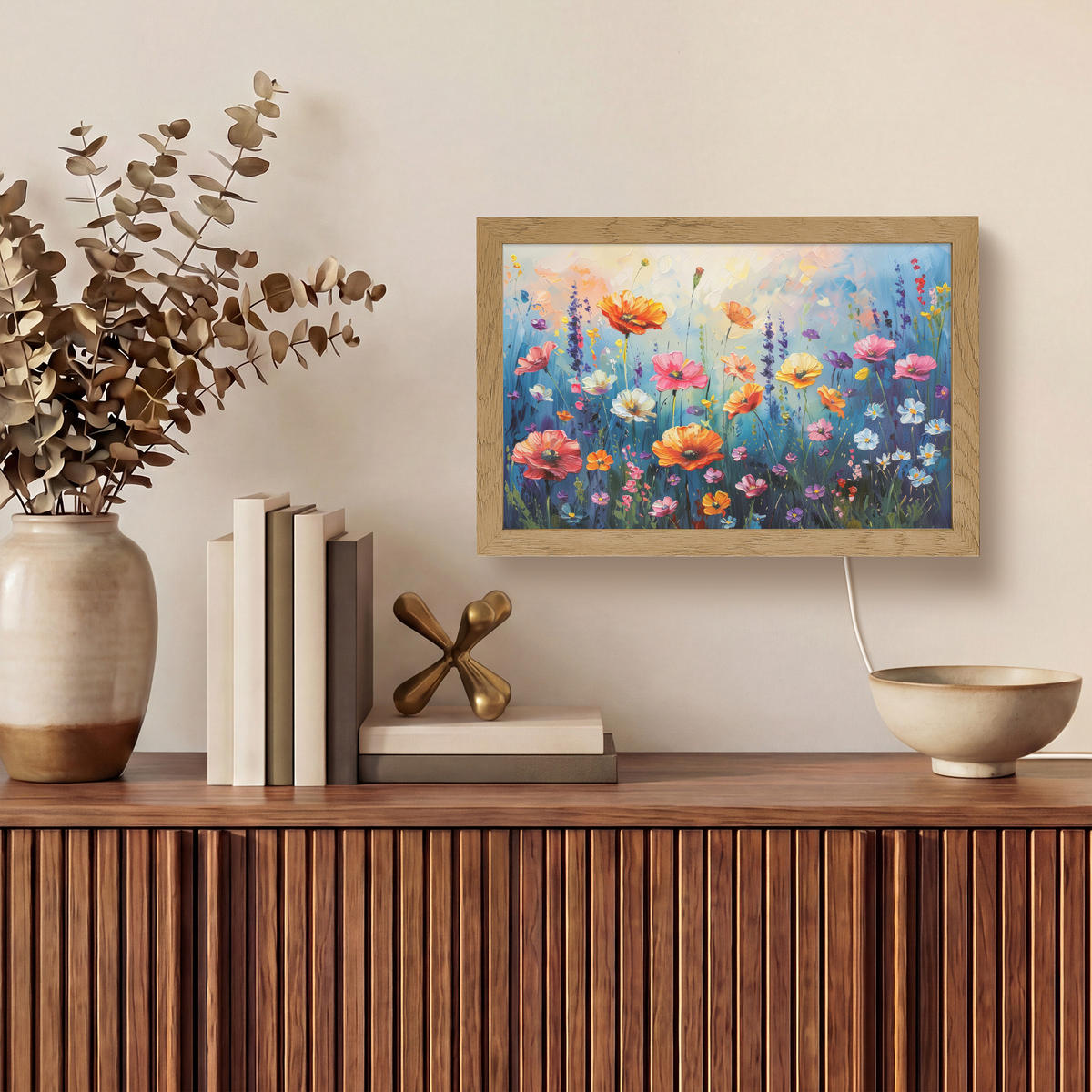 NÁSTĚNNÁ LAMPA Květiny - Příroda - Akvarel - Umění 30x20 cm - různobarevná, kompozitní dřevo (30/20/8cm) - OnlyWow