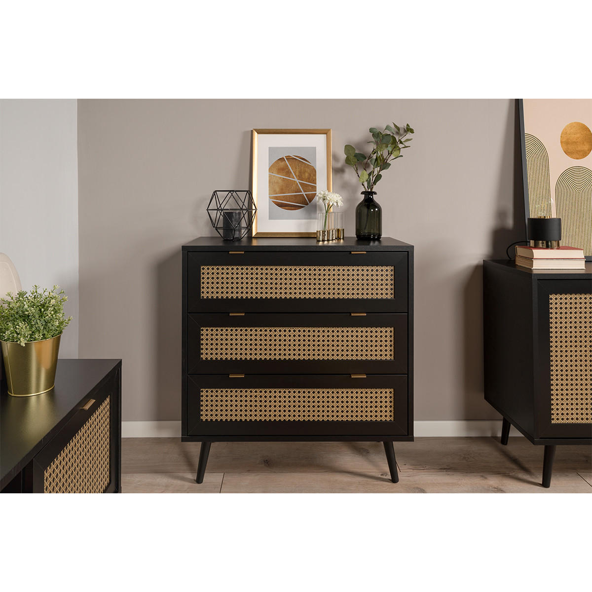 KOMMODE mit 3 Schubladen, schwarzem- und Rohrgeflecht Druck Villa - L80 x H80 x T40 cm - Schwarz, Holzwerkstoff (40/80/16cm) - Calicosy