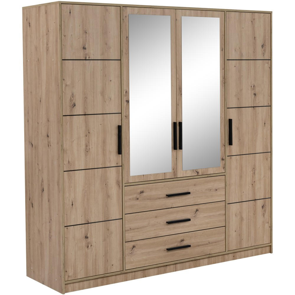 DREHTÜRENSCHRANK Kavo mit Spiegel und 4 Türen, eiche Artisan - Schwarz/Eiche Artisan, Holzwerkstoff (200/200/58cm) - Beautysofa