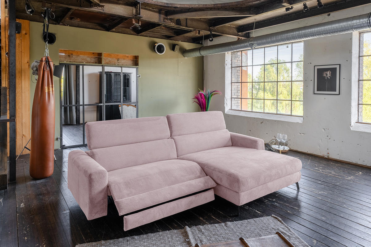 ECKSOFA LAISKA Pink Cord Relaxfunktion - Pink/Schwarz, Textil/Metall (282/177cm) - KAWOLA