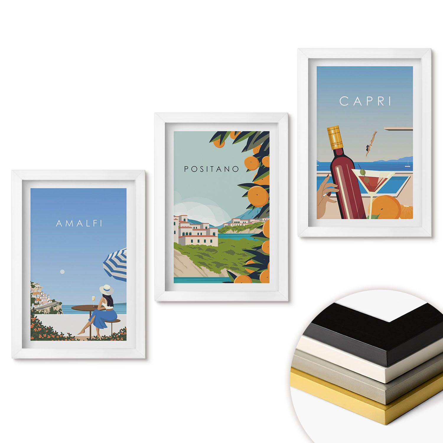WANDBILDER 3er-Set - 20x30 cm Weißer Rahmen - Amalfi, Positano und Capri - Weiß, Kunststoff (20/30cm) - ArtPrintCave