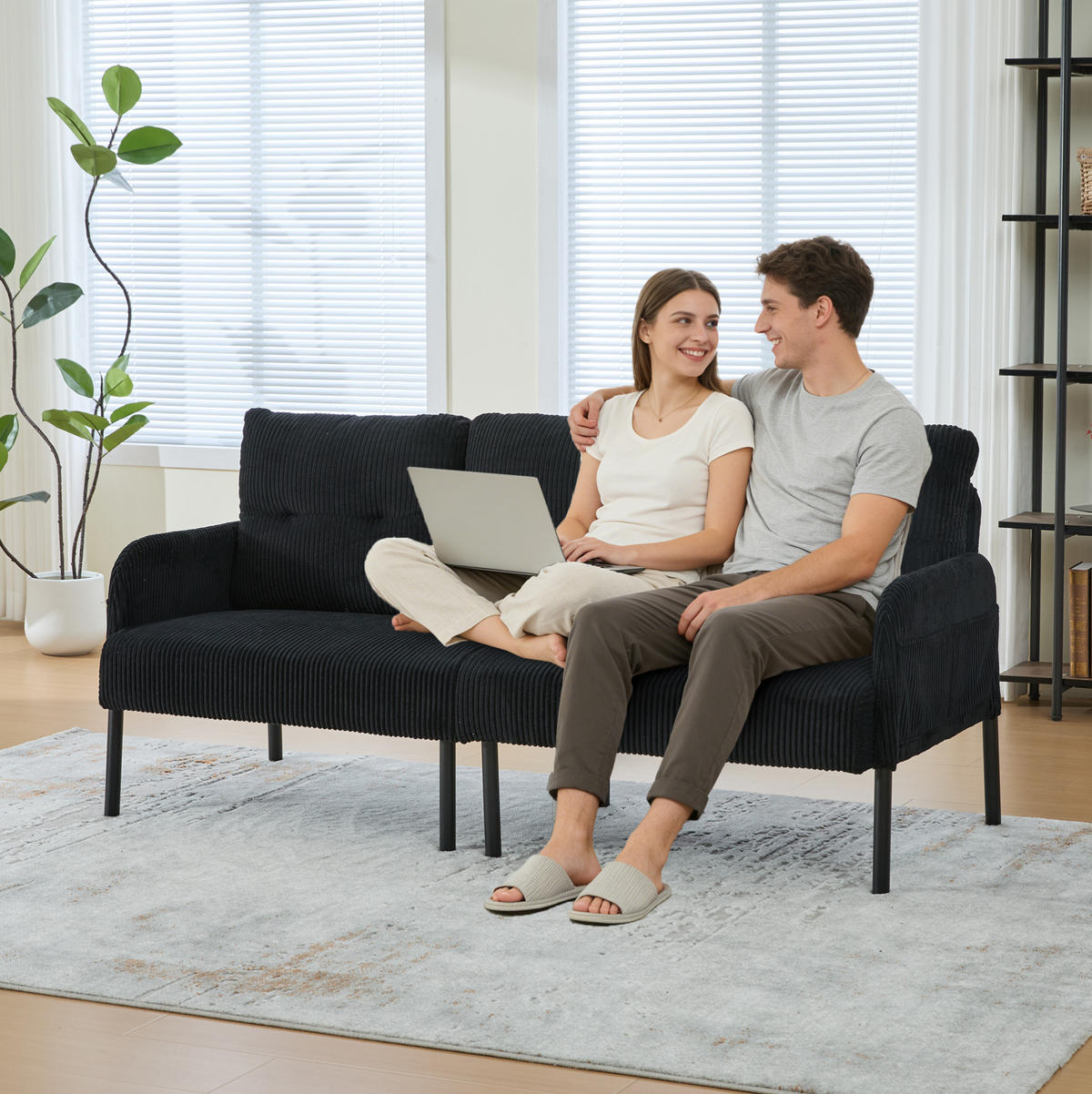 SOFA 3-Sitzer mit Seitentasche Cord Schwarz - Schwarz, Kunststoff (171/80/72cm) - Meubliv