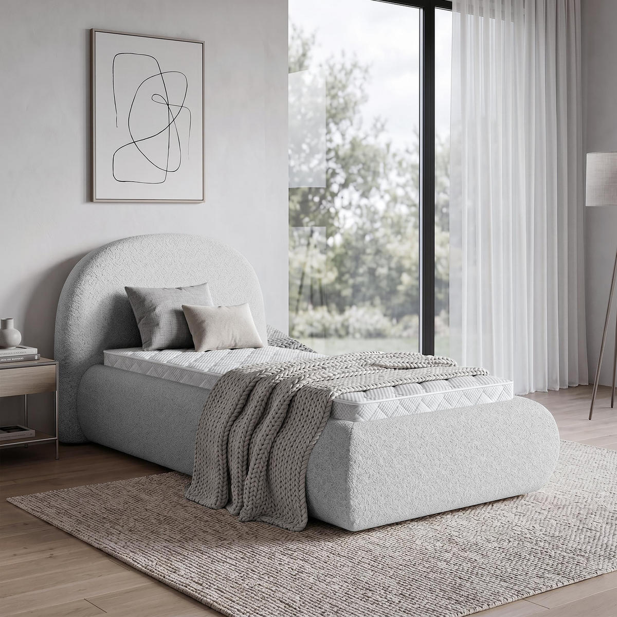 POLSTERBETT Motti 90x200, Einzelbett mit Bettkasten und Schaumstoffmatratze 10 cm, Hellgrau - Hellgrau, Holzwerkstoff (90/200cm) - Beautysofa