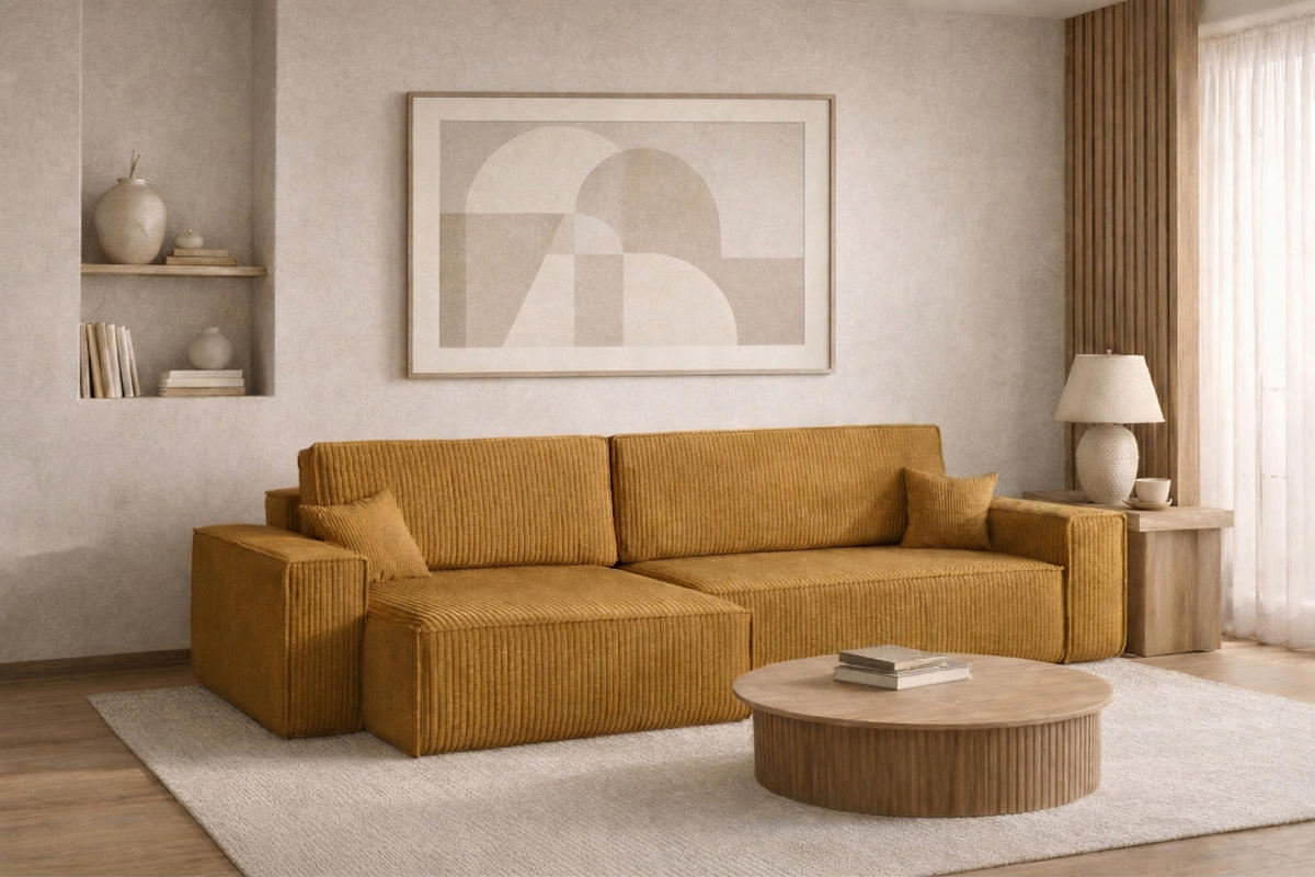 ECKSOFA Mit Schlaffunktion Und Bettkasten, Eckcouch BEST XL Stoff Poso Dicker Cord Senffarbe Links - Schwarz/Orange, Holz/Kunststoff (142/274cm) - Kaiser Möbel