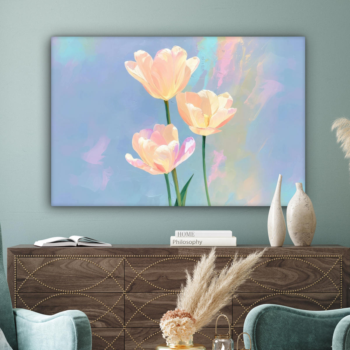 LEINWANDBILD Tulpen - Rosa Akzente - Blau Groß 140x90 cm - Pastellblau, Textil (140/90cm) - MuchoWow