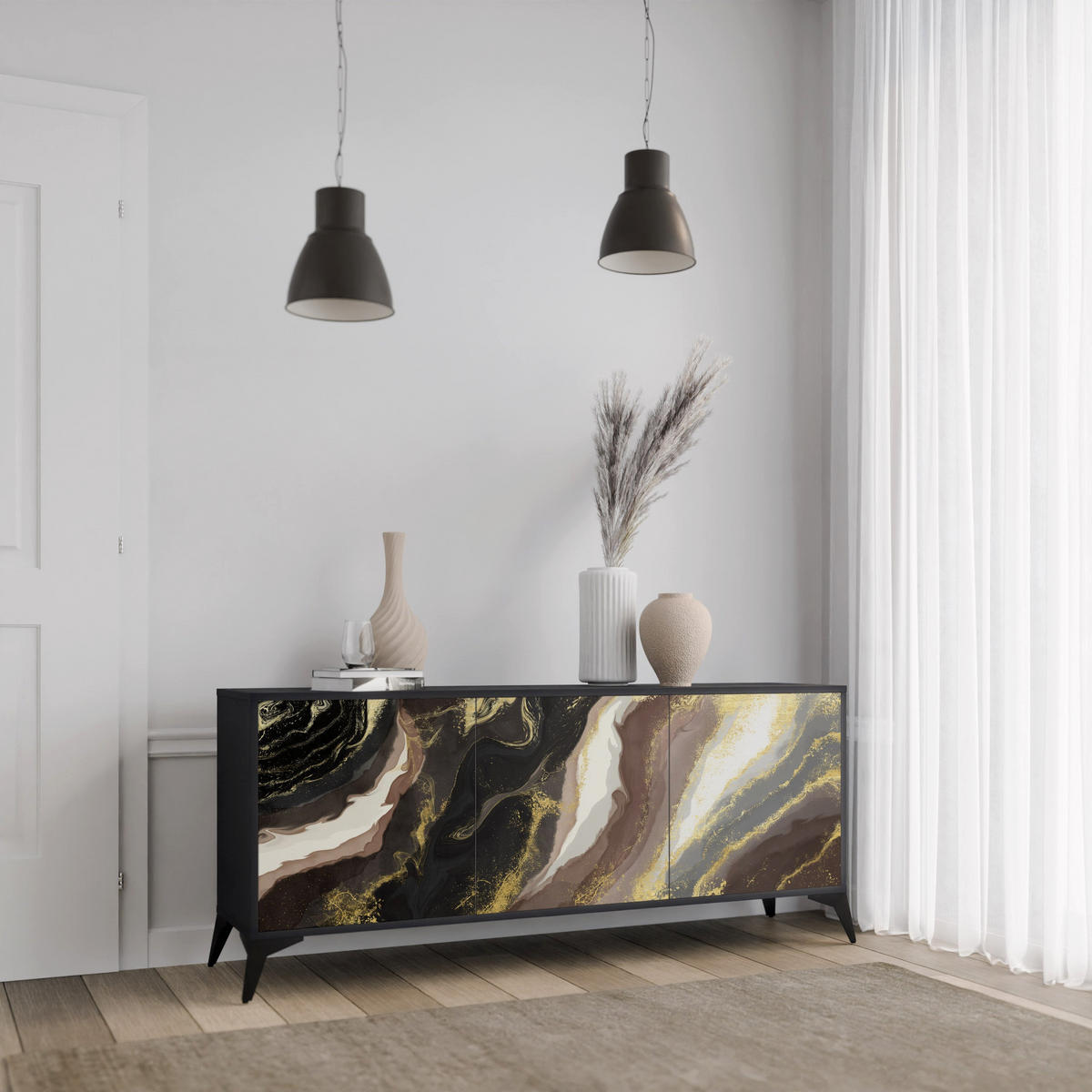 SIDEBOARD GOLD DUST, Eicheneffekt, 164,5x42x77,5 cm, 3 Türen - Eichefarben/Buchefarben, Holzwerkstoff/Buchenholz (164.5/77.5/42cm) - SpaceRebels