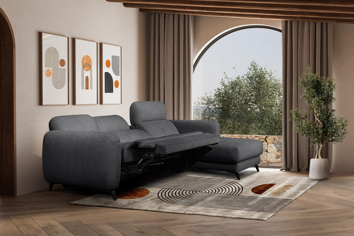 ECKSOFA SVEN 3-Sitzer, 1 Relax XL, verstellbare Kopfstützen, dunkelgrau - Anthrazit/Schwarz, Holzwerkstoff/Textil (256/163cm) - Courtois Laville