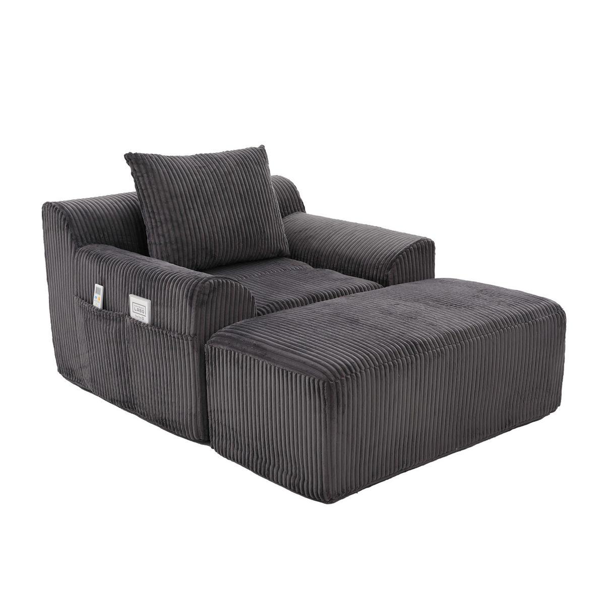 CORD-SESSEL mit Fußhocker 147/110/67 cm in Dunkelgrau – mit Seitentaschen - Dunkelgrau, Textil (147/67/110cm) - BEAOK