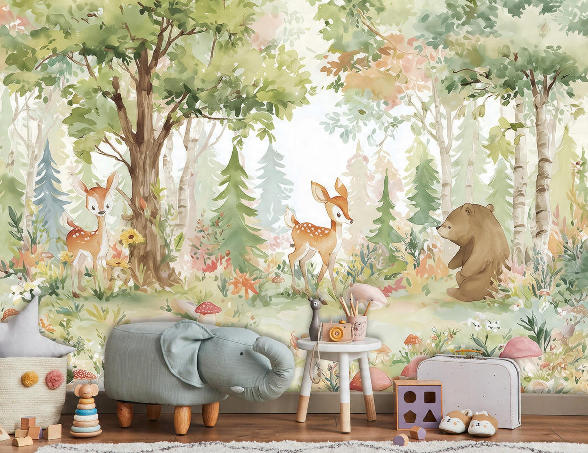 FOTOTAPETE Kinderzimmer Tiere Wald 200x140 - Multicolor, Papier (200/140cm) - Wallarena