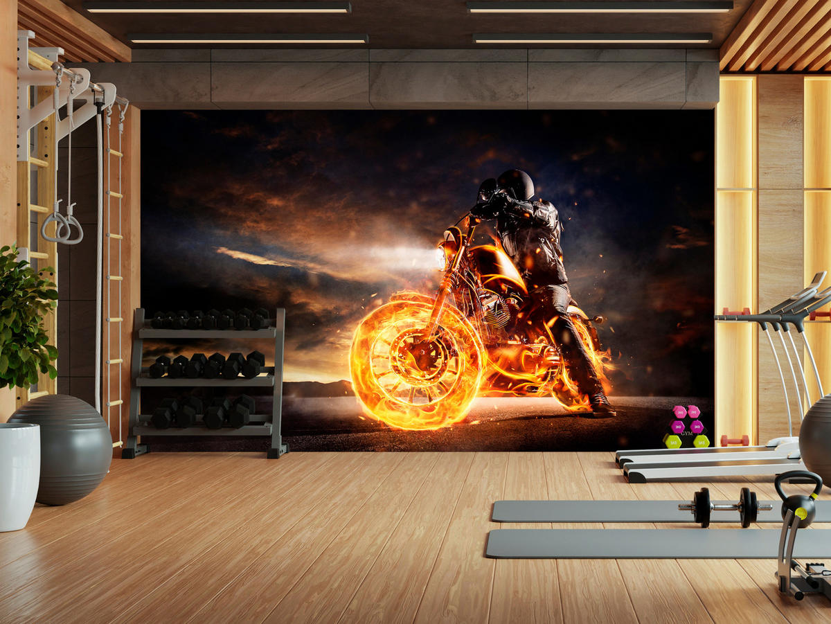 FOTOTAPETE für Jugendzimmer Mann Brennenden Motorrad Sport Nacht 500x350 - Schwarz/Orange, Papier (500/350cm) - Muralo