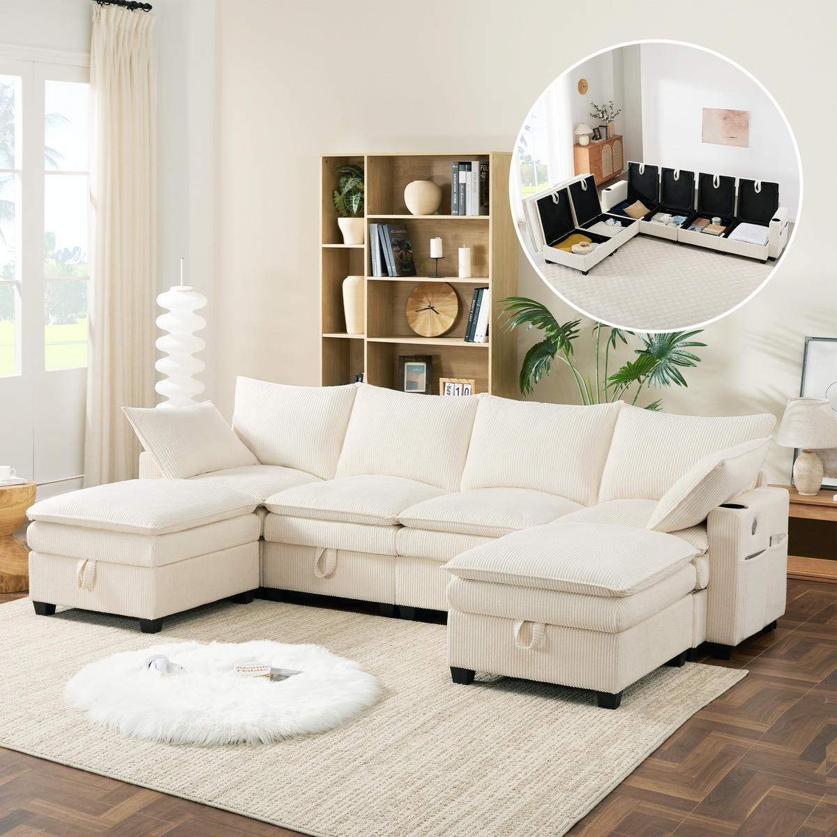 WOHNLANDSCHAFT Cord Beige mit USB, Stauraum und Getränkehaltern - Beige, Holzwerkstoff/Kunststoff (280/83/150cm) - WISHDOR